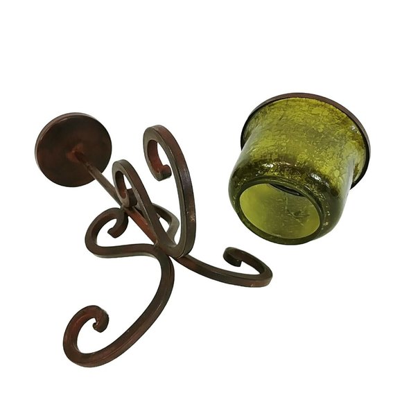 Candle Holder Heavy Scroll Steel Stand Green Crackle Glass Wind Shade 17" - Picture 6 of 8